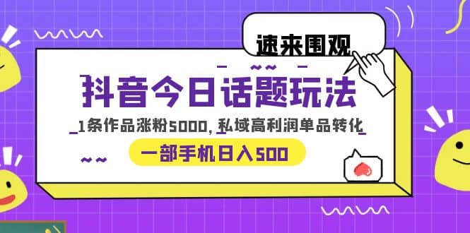 抖音今日话题玩法，1条作品涨粉5000，私域高利润单品转化 一部手机日入500-左左项目网